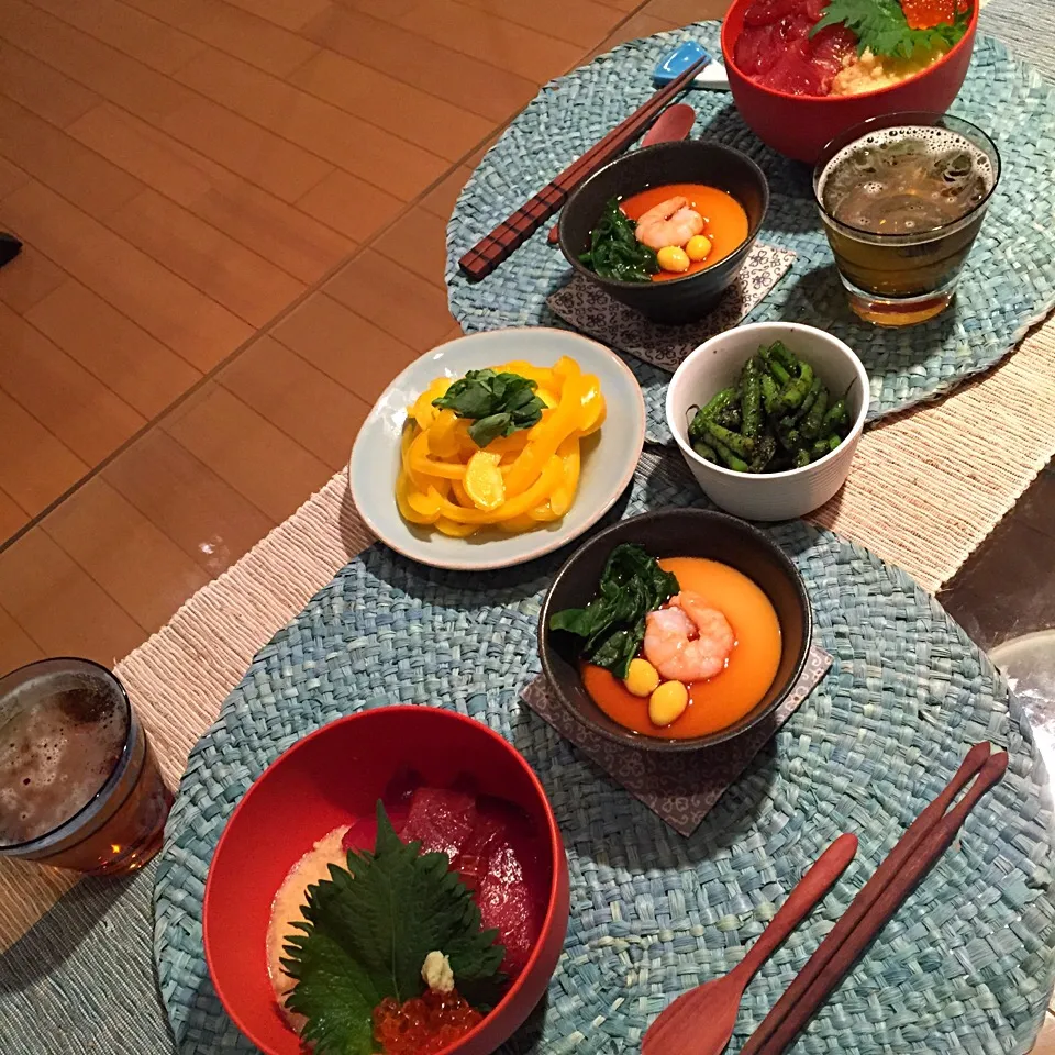 🐟漬鮪とろろ丼
🐣あんかけ茶碗蒸し
🌽いんげんの胡麻和え
🍅パプリカのレモンサラダ|mapleさん