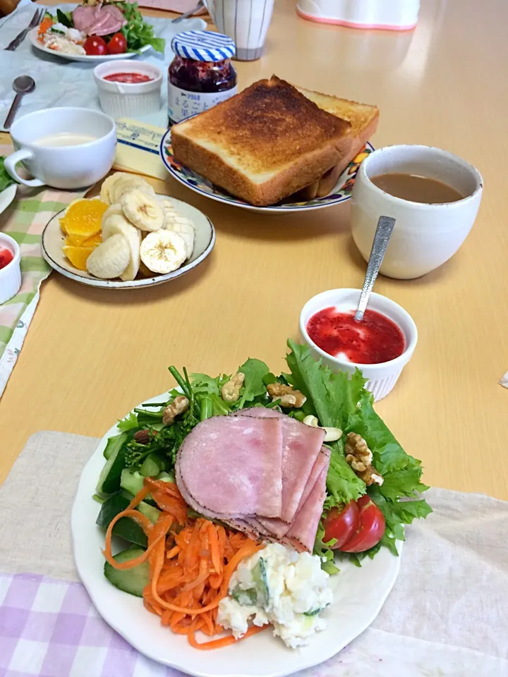 Snapdishの料理写真:今日の朝ごはん   サラダ沢山食べよう！
人参サラダ、ポテトサラダ、グリーンサラダ、ナッツを添えて|小野田未歩さん