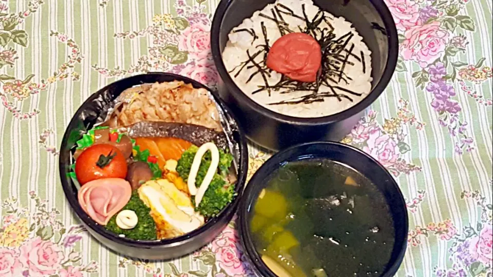 Snapdishの料理写真:お弁当。もやしつくねと鮭とだしまきと梅ナスとわかめスープ。|エリカさん