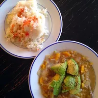 lentil soup with red lentils, mung dahl, carrot, onion, ginger, avocado, cinnamon, cumin, coriander, turmeric..and a side of basmati rice with hot sauce|Anna Brunelleさん