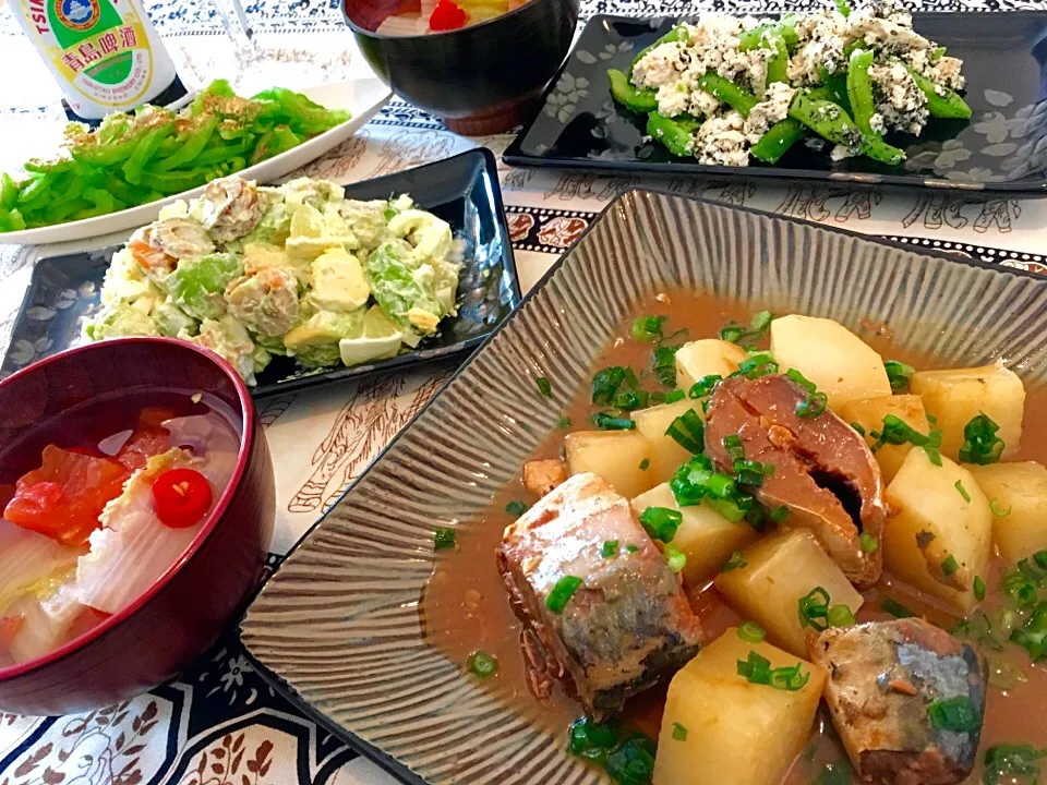 さば大根の味噌煮、アボカドと帆立のタルタルサラダ、インゲン白和え、ゴーヤ鰹節お浸し、トマト白菜スープ|ふかرさん