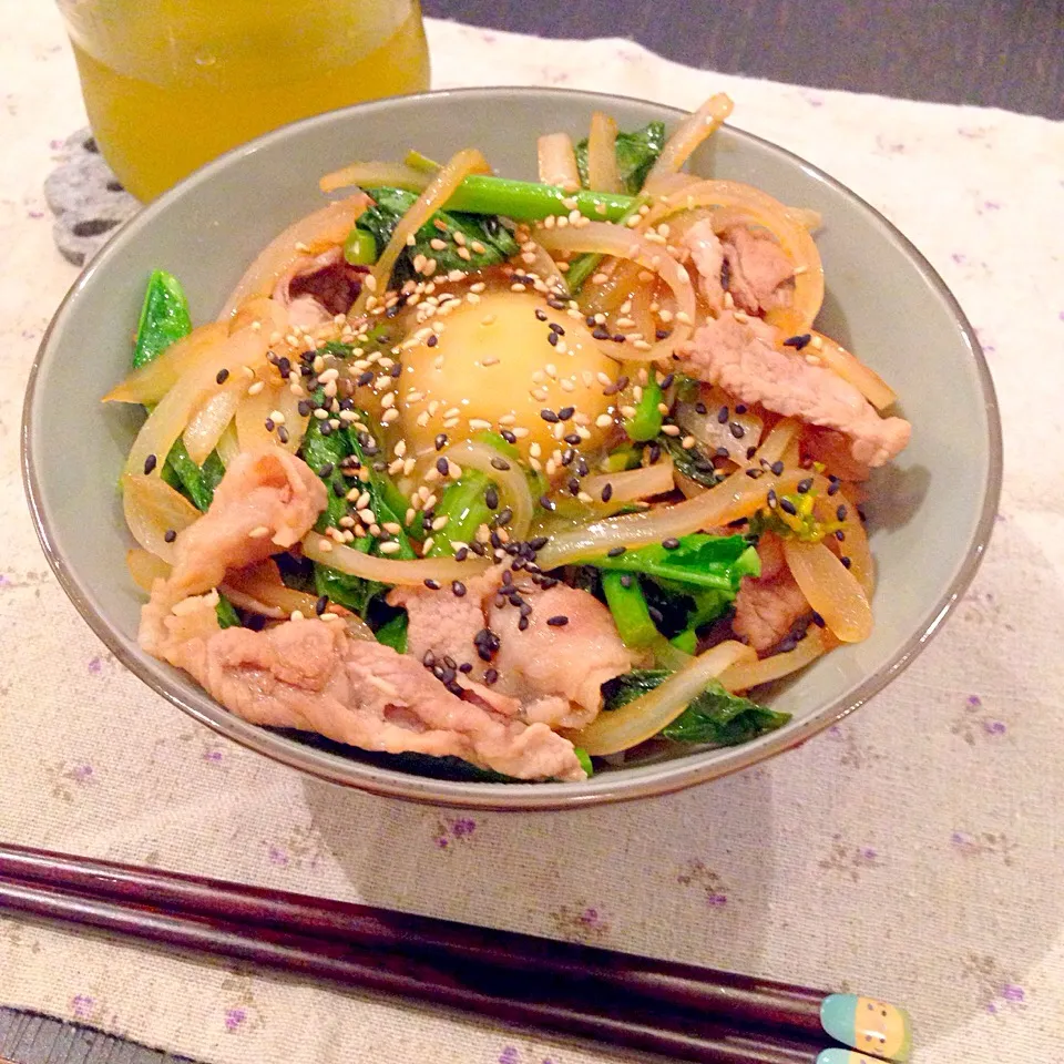 豚コマとかき菜の甘酢丼|かぴこさん