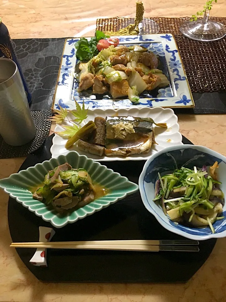 鯖の味噌煮、胡瓜のおひたし、鶏の白菜炒め|直サーファーさん