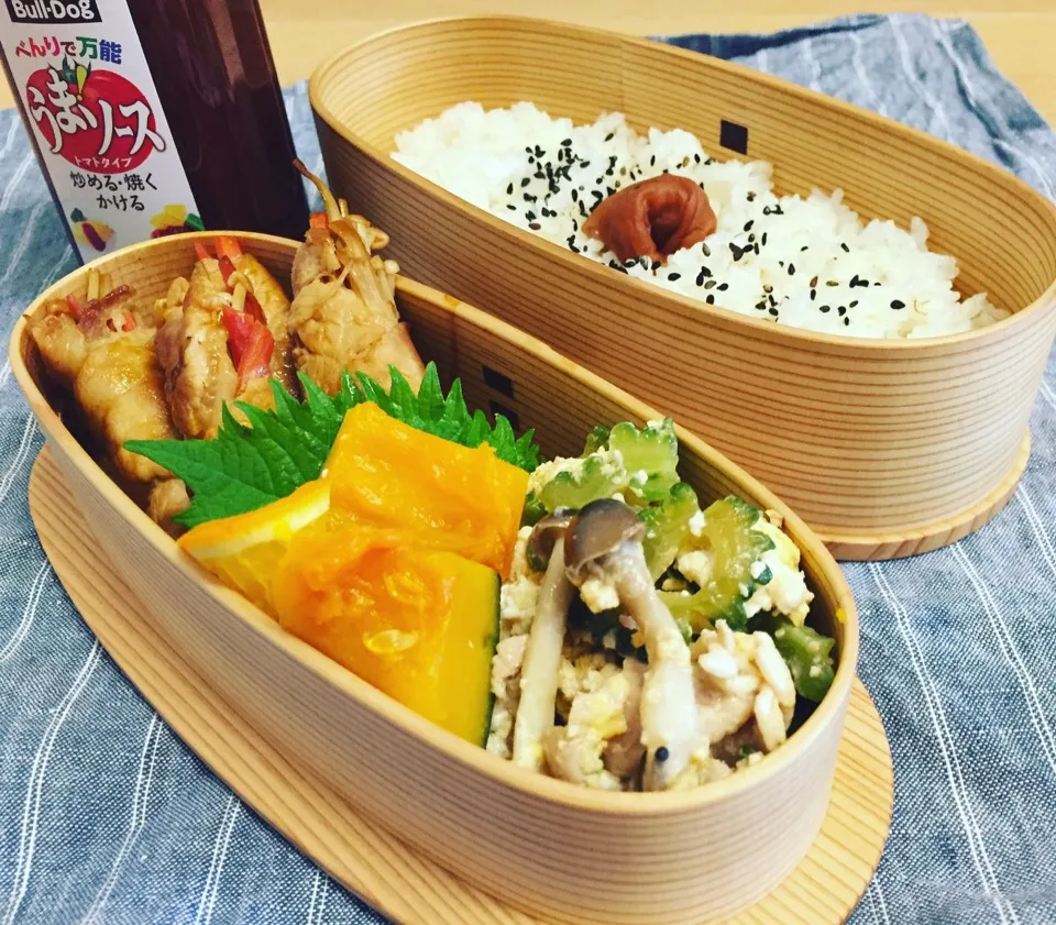 Snapdishの料理写真:今日のお弁当は、根菜きんぴらの豚肉巻き、ゴーヤチャンプル、かぼちゃのオレンジ煮。|Junさん