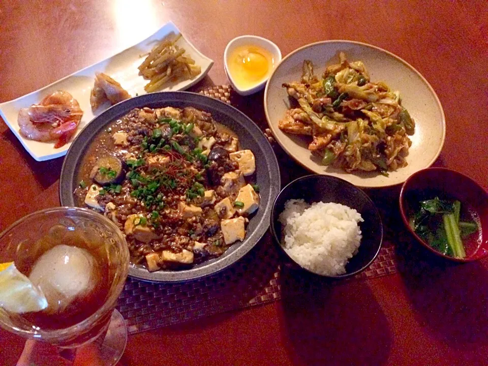 Today's Dinner🍴前菜･麻婆豆腐&茄子･回鍋肉w/生卵･白飯･小松菜の中華ｽｰﾌﾟ|🌈Ami🍻さん