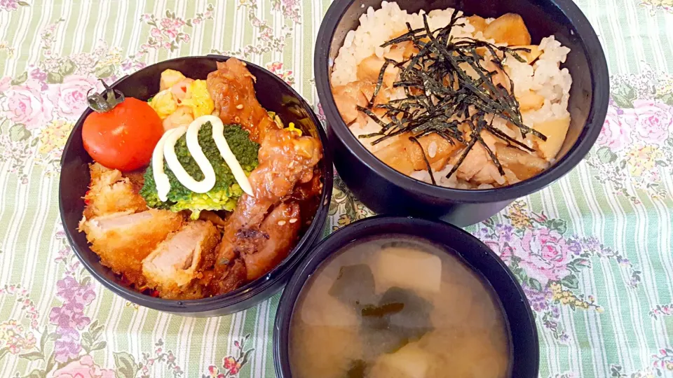 お弁当。炊き込み風混ぜご飯と手羽元のさっぱり煮とヒレカツとカニたまとお味噌汁。土曜日ちゃい(๑ ˙˘˙)/|エリカさん