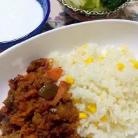 Snapdishの料理写真:●牛肉・ナス・人参のインドカレー
●サラダ
●手作りヨーグルト|mayumiさん