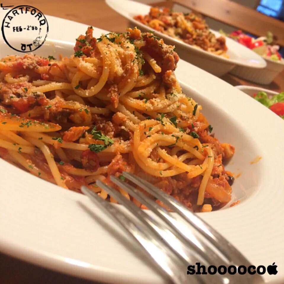 鯖缶とトマトのパスタ|shoooocoさん