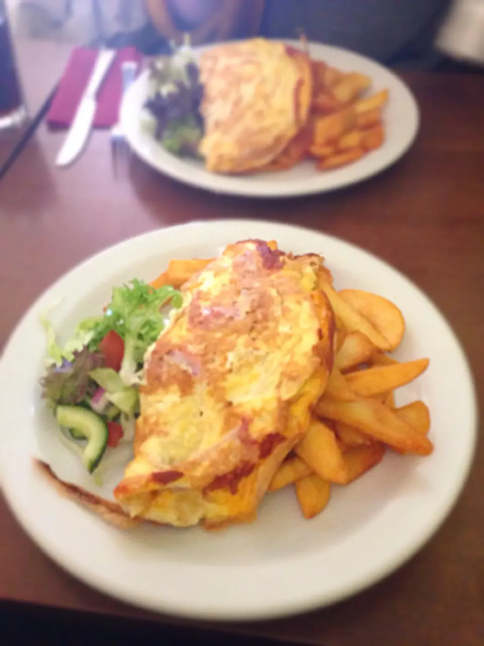 Snapdishの料理写真:Ham & cheese omelette, chips & salad.|Karla Collington Ryderさん