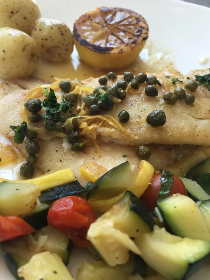 Snapdishの料理写真:Sole Meunière, Steamed Truffled Potatoes, Squash, Zucchini and Tomato Ragu|Christine pavelkaさん