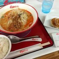 Snapdishの料理写真:味噌坦々麺(温玉ライス付き) + 餃子|Koichiさん