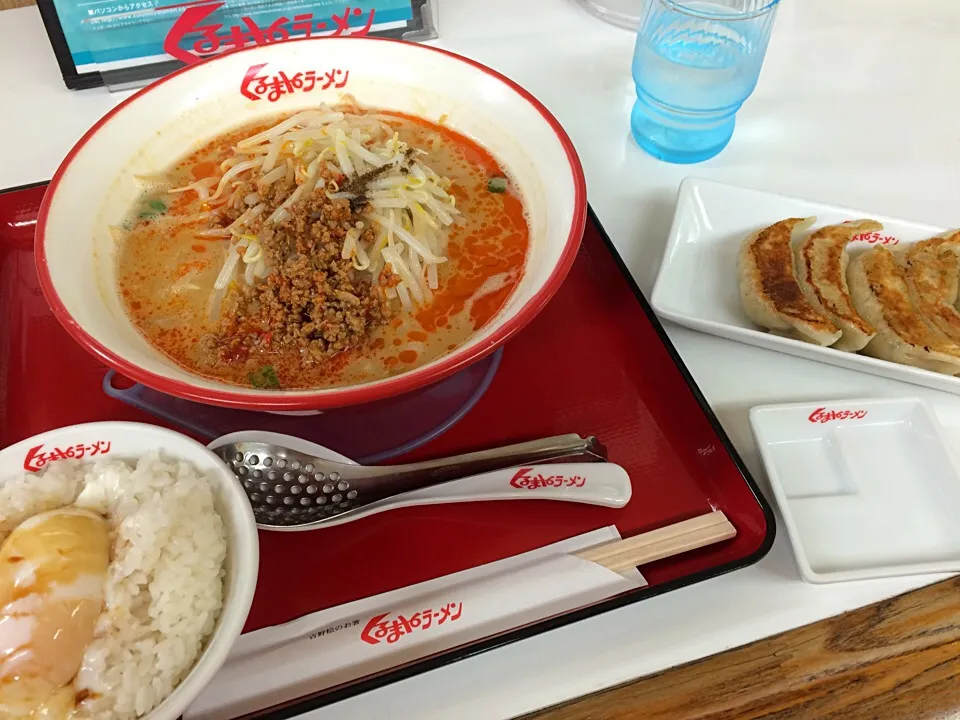 Snapdishの料理写真:味噌坦々麺(温玉ライス付き) + 餃子|Koichiさん