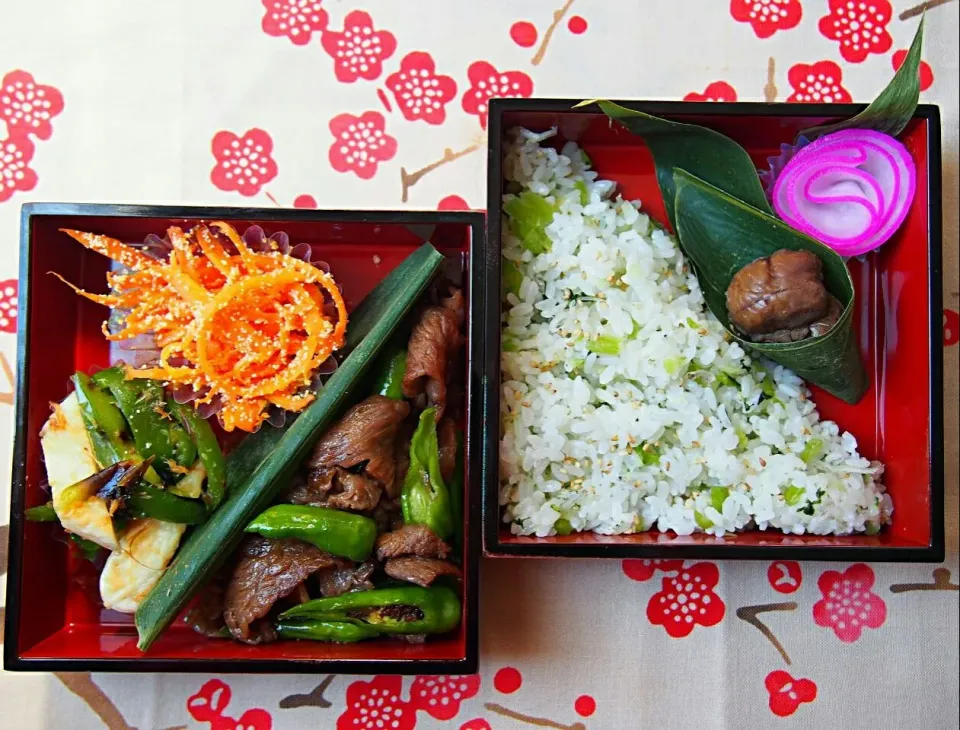 お弁当☀
⭐牛肉とししとうのオイスターソース炒め
⭐笹かまと焼きピーマンの生姜醤油
⭐にんじんのたらこ和え
⭐漬け菜とじゃこの混ぜご飯
⭐栗の甘煮|mika78さん