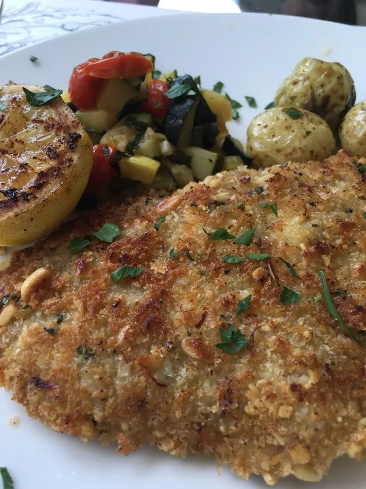 Snapdishの料理写真:Veal Scaloppine with a Panko, Pine Nut, & Lemon Zest Crust|Christine pavelkaさん