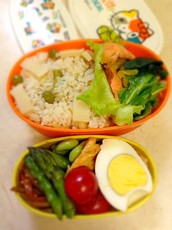 Today’s lunch box. bamboo shoots & greenpeas rice.|hoppycowさん