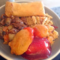 Pancake roll, sweet & sour chicken, beef & mushroom in black bean sauce, special fried rice.|Karla Collington Ryderさん