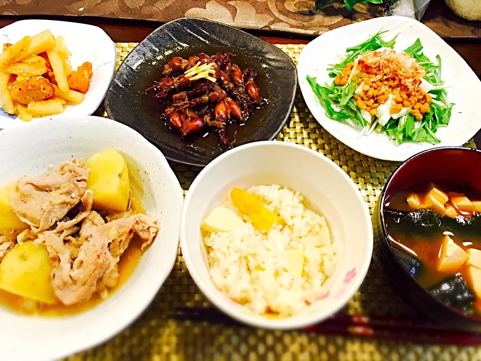 肉じゃが、ホタルイカの煮物、鶏胸肉と長芋の炒め、筍ごはん、水菜と長芋と納豆のサラダ、お味噌汁|ありかさん