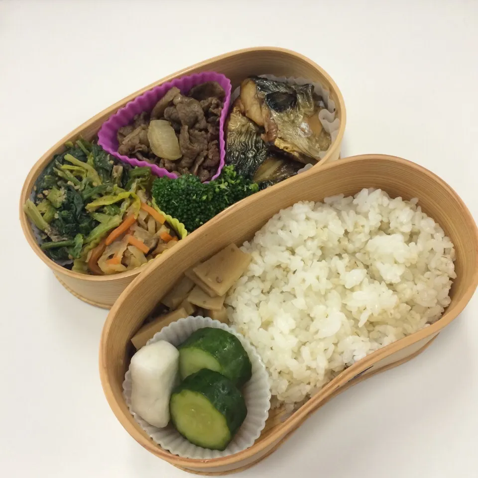 Snapdishの料理写真:弁当（鯖塩焼き、牛肉すき焼き風炒め、ほうれん草胡麻和え、切り干し大根、ブロッコリー、タケノコ佃煮、浅漬け）|SasaMasa213さん