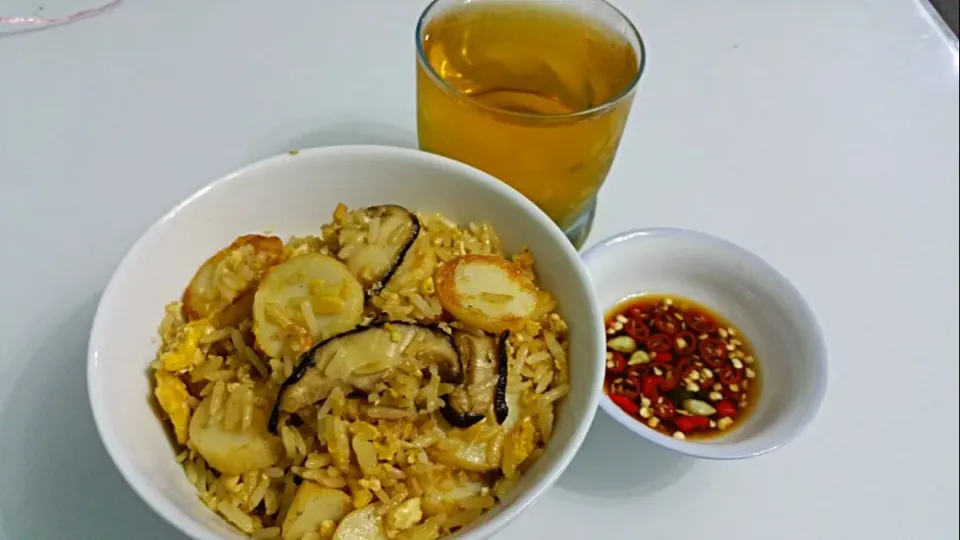 Snapdishの料理写真:Cravings Satisfied  Shitake Mushroom Fish Cake Eggs with 2 mini red chilli padi & lime & light soya sauce (with overnight rice)|🌷lynnlicious🌷さん