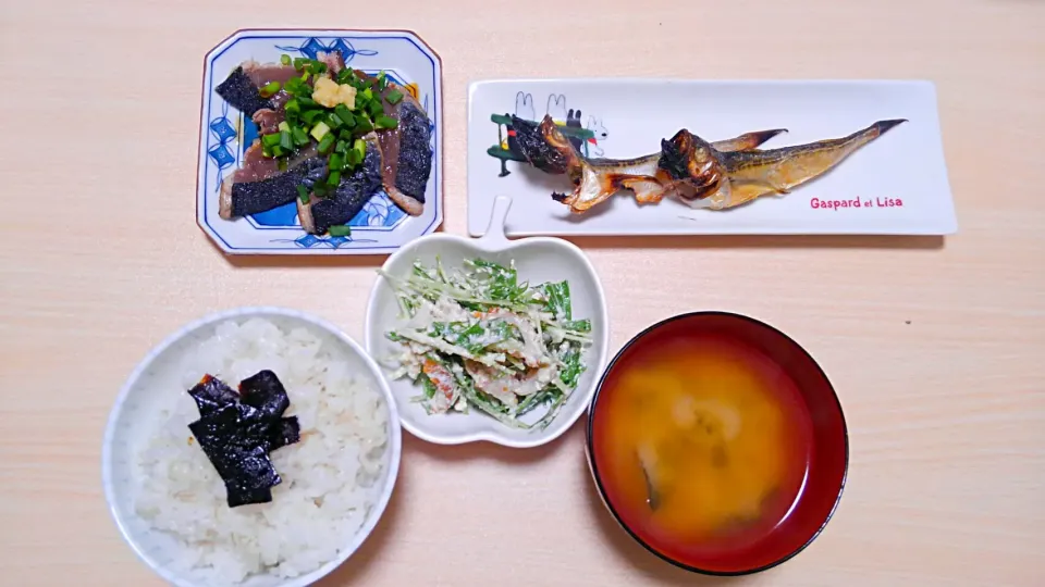 ４月２４日　ハタハタ　水菜と豆腐のサラダ　かつおのたたき　お味噌汁|いもこ。さん