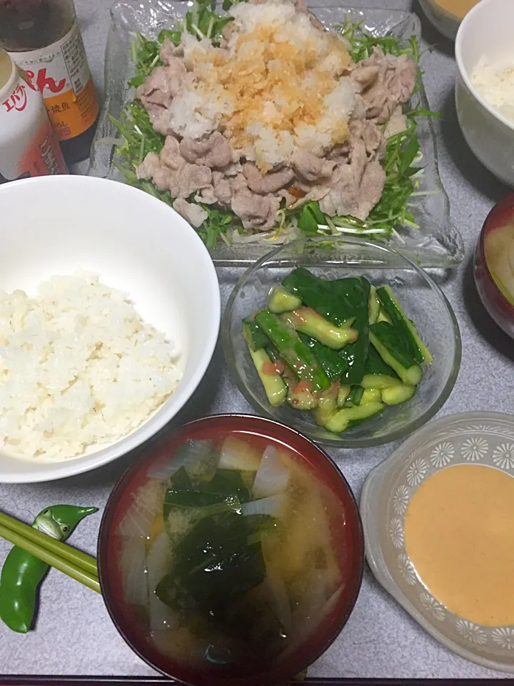 麦飯、水菜豆苗もやし大根おろし豚しゃぶ、梅胡麻油鶏がらスープの素キュウリ、小松菜大根新玉ねぎ味噌汁|ms903さん