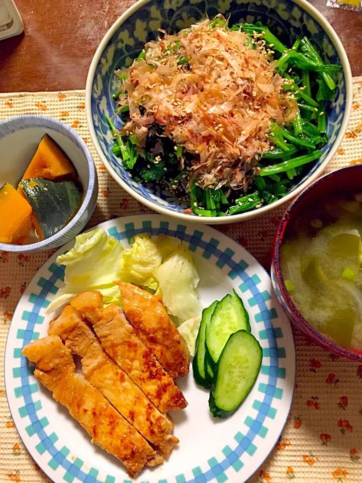 豚ロースの味噌漬け焼き ほうれん草のお浸し 南瓜煮 味噌汁|掛谷節子さん