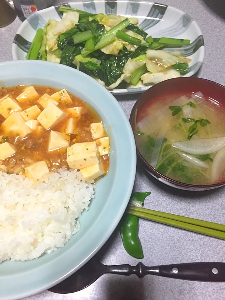 麦飯麻婆丼、豆苗大根味噌汁、小松菜キャベツ炒め|ms903さん