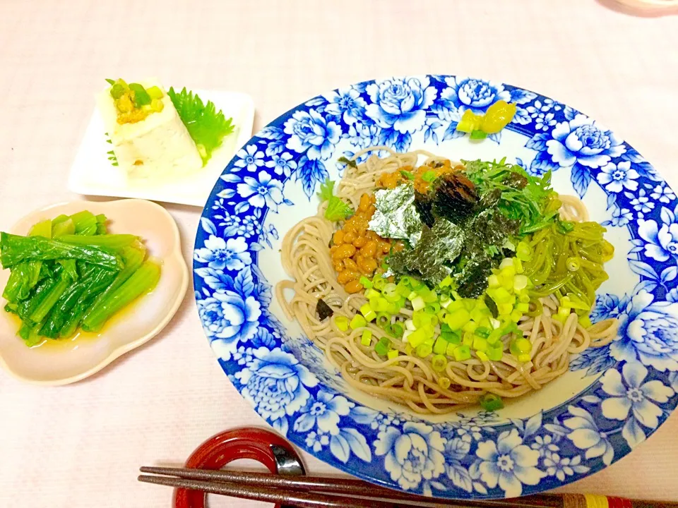 納豆とメカブのお蕎麦。旦那が食欲ないというから、さっぱりお蕎麦にしました。割と気に入ってくれたみたいです。|ナタママさん