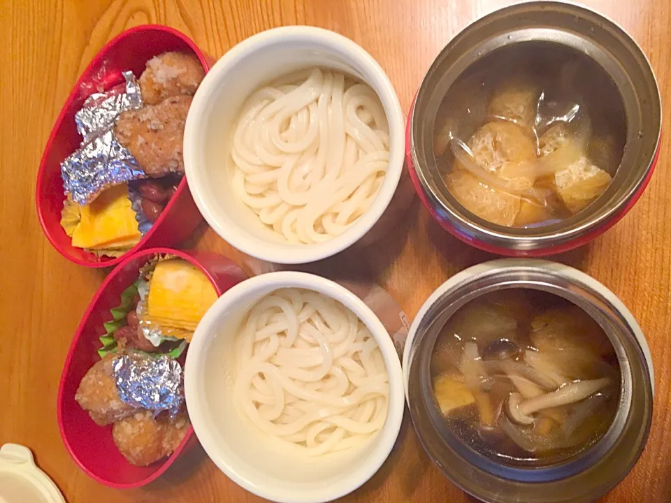 きのこ汁うどん  チキン 卵焼き にまめ|ツインズママさん