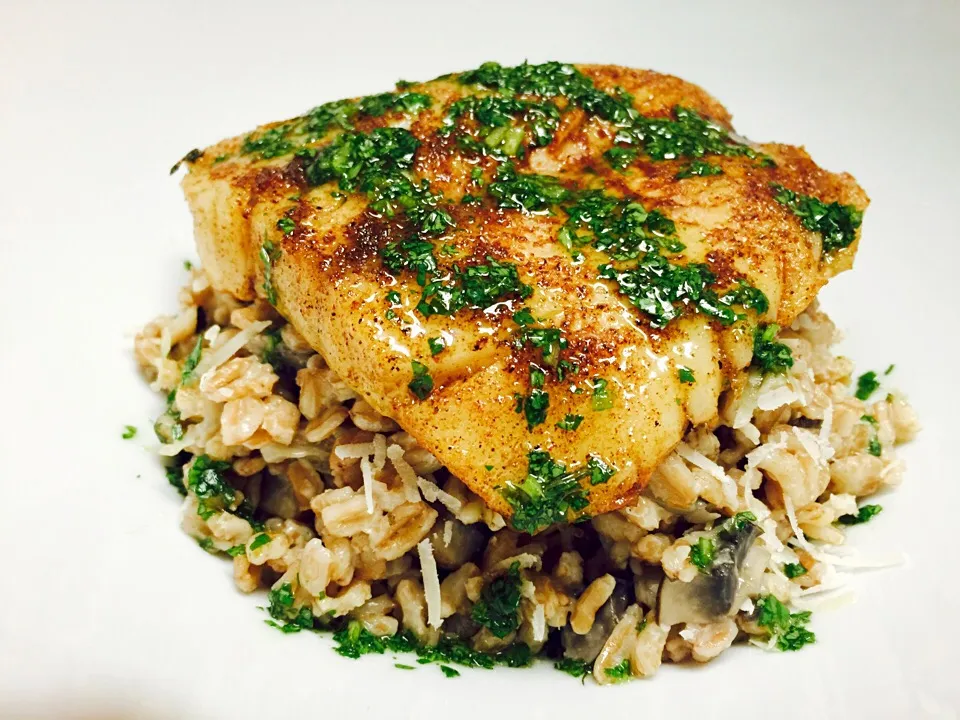 Cajun spice sea bream w/ wild mushroom farro rice and cilantro oil.|Humberto f. gonzalezさん