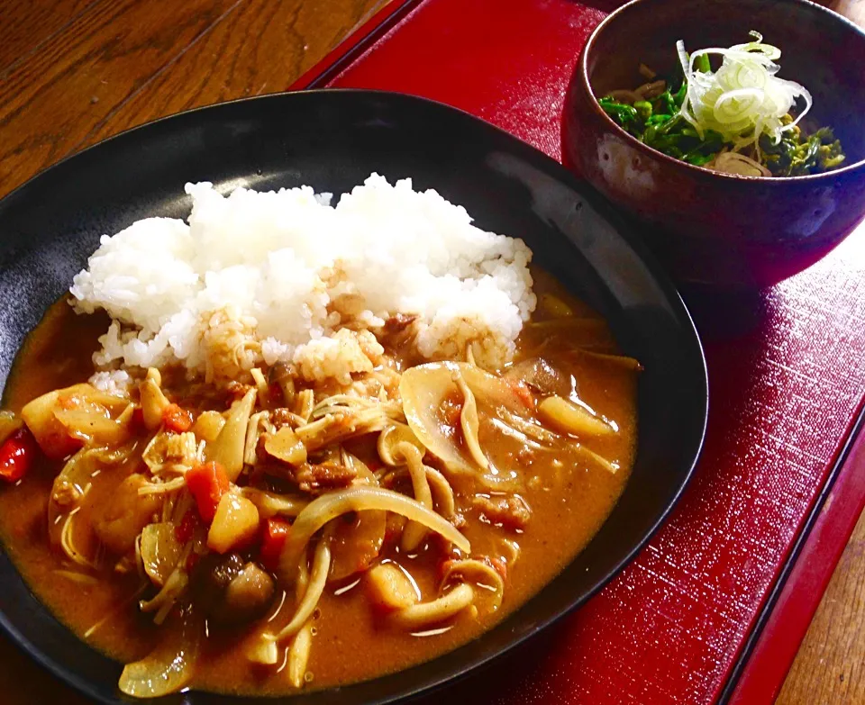 昼ごはん きのこカレー  山菜そば（菜花、セリ、なめたけ）|ぽんたさん