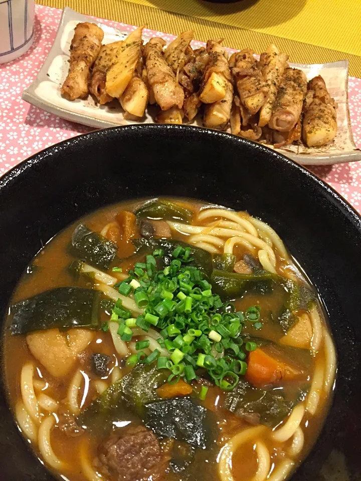 カレーうどんと筍の肉巻き|amiさん