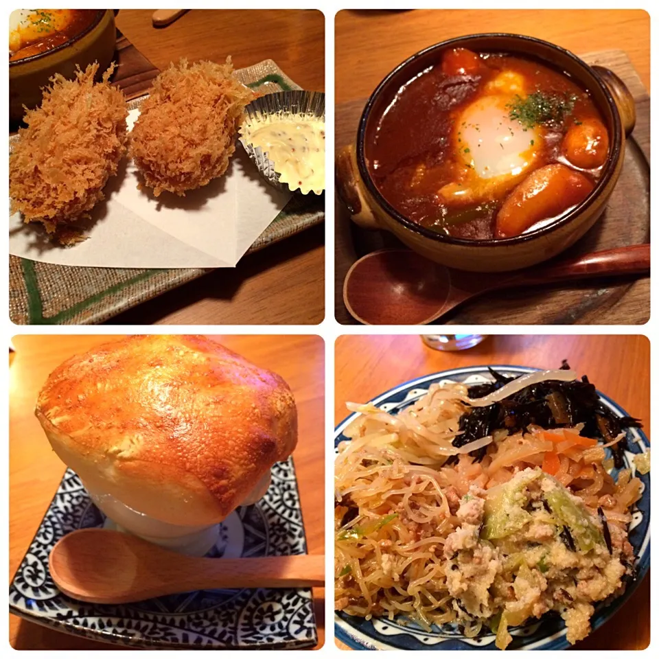 煮込みハンバーグとカニクリームコロッケ定食☆きのこスープと大盛りご飯付き☆おばんざい食べ放題とドリンクバー付き♡2016/04/29|ちび太さん