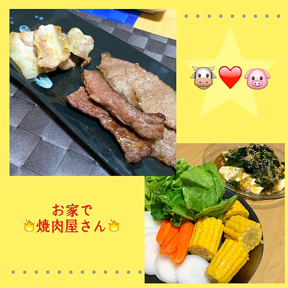 Snapdishの料理写真:焼肉
✴︎上カルビ
✴︎豚バラ肉
✴︎焼き野菜
✴︎海藻・豆腐・大根の中華風サラダ|なほこさん