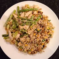 Snapdishの料理写真:Israeli Couscous with mushrooms and asparagus in cream sauce with chicken and pine nuts|CookingWithLoveさん