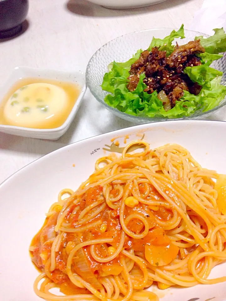 トマトツナパスタ、焼き肉サラダ、あんかけ茶碗蒸し|あやにん食堂さん