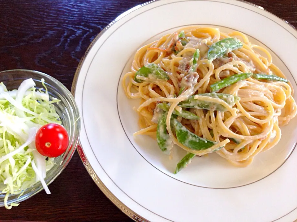 アスパラとスナップエンドウとベーコンのクリームパスタ|カドラさん