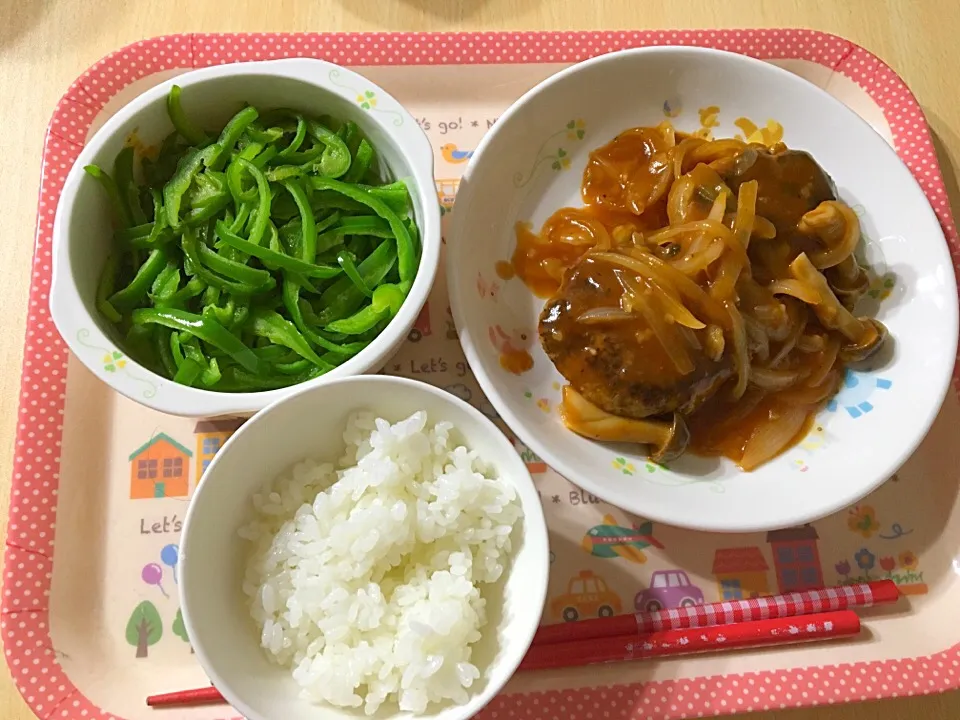 煮込みハンバーグ ピーマン炒め ご飯|つぼさん