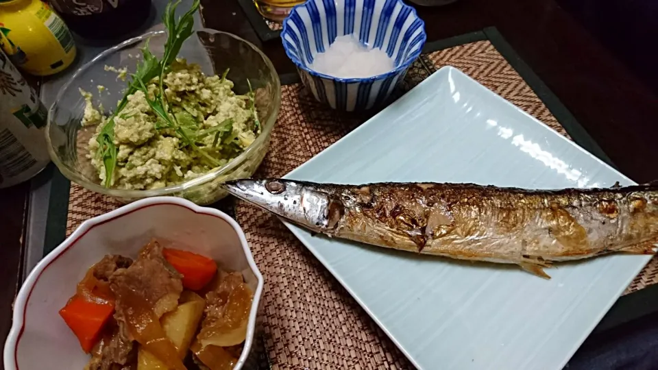 秋刀魚の塩焼き&肉じゃが&豆腐のアボカド合え|まぐろさん