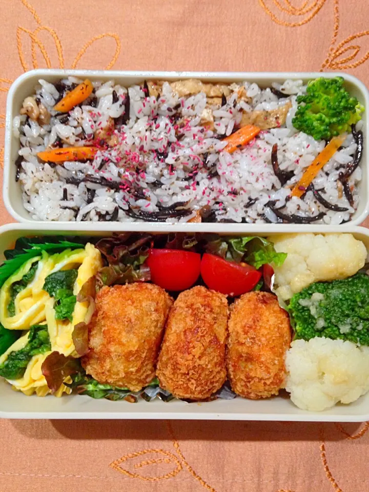 ちびのお弁当。手作りコロッケ、ひじきごはん、カリフラワーサラダ、薄焼きたまご、小松菜巻き。|泡子さんさん