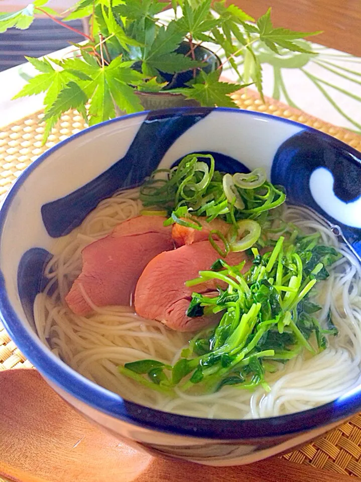 お昼にあっさり                                    鶏がらスープのにゅうめん                   鴨ハム.おネギ.炒め豆苗のせ🌿|🌿ぴぴさん