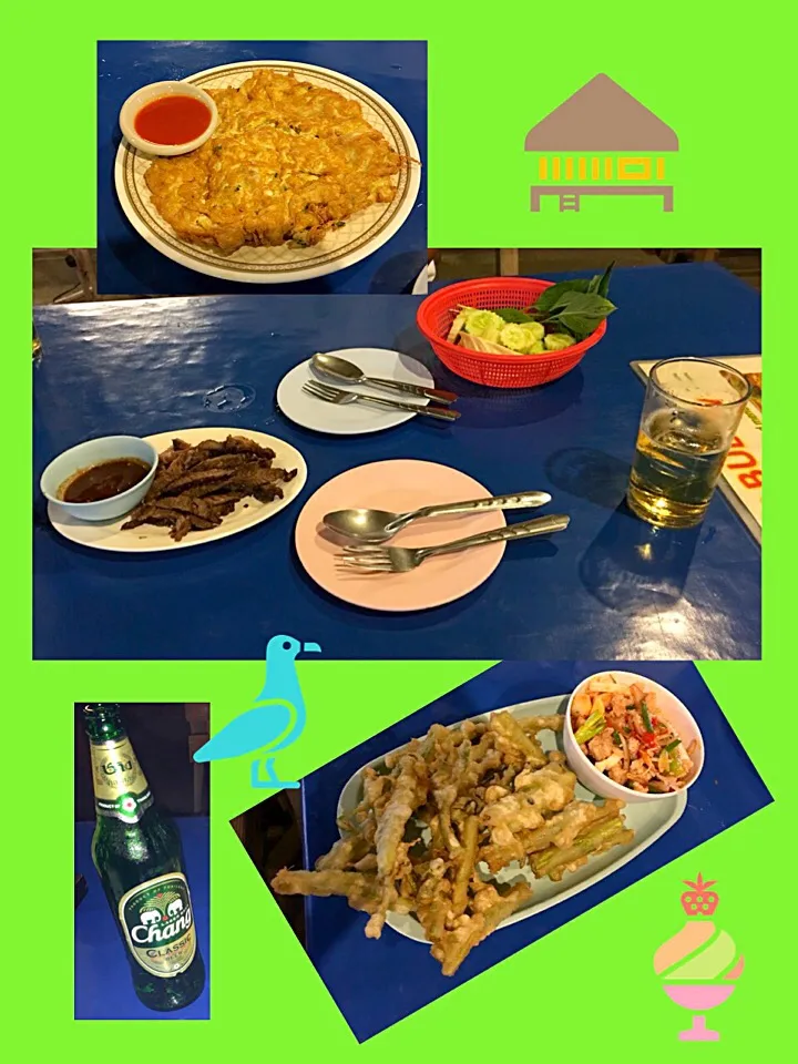 Snapdishの料理写真:タイ料理 (卵焼き、サラダ、牛肉のソテー、野菜天ぷら海鮮ソース)、CANGUビール|pentarouさん