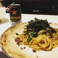 挽肉とスナップエンドウの和風パスタ。|KGENさん