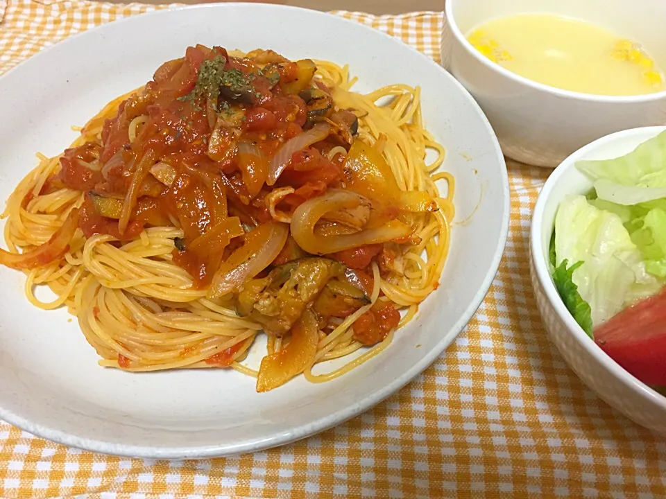 ナスとトマトのパスタ|あずきさん