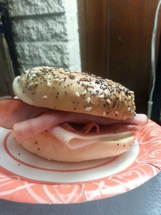 My son's turkey, ham,pastrami,  and provolone everything bagel for breakfast.|Polly Gelfusoさん