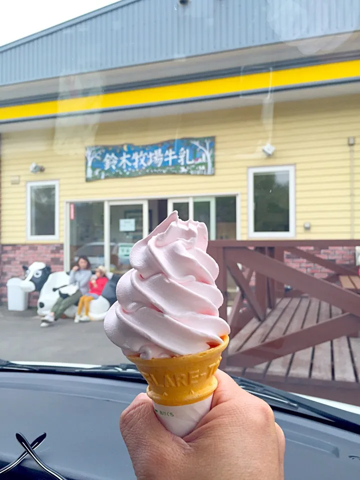 新函館北斗駅近くの鈴木牧場の桜ソフトクリーム|hiramukiさん