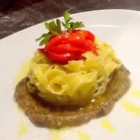 Fresh " tagliolini" with smoked eggplant puree and bell pepper confit|Pho Ong Tayさん