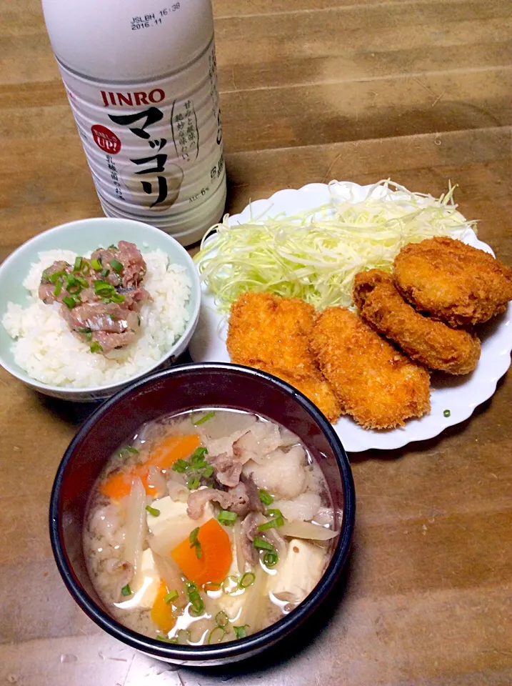 Snapdishの料理写真:アジたたきとチキン唐揚げとジャガイモコロッケ定食と豚汁💖|Norio Fukudaさん