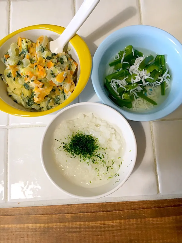 離乳食 後期 夜ごはん
＊青のりごはん
＊マカロニと野菜の豆乳煮
＊ピーマンとしらす|さとみさん