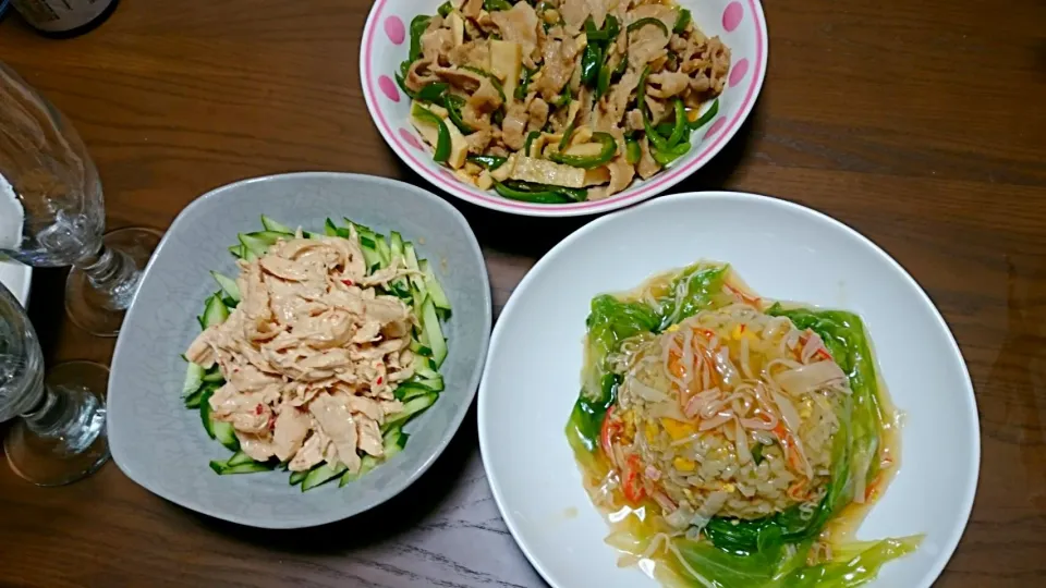 おと特製中華定食🍴青椒肉絲、棒々鶏、あんかけかに炒飯|よめちゃんさん